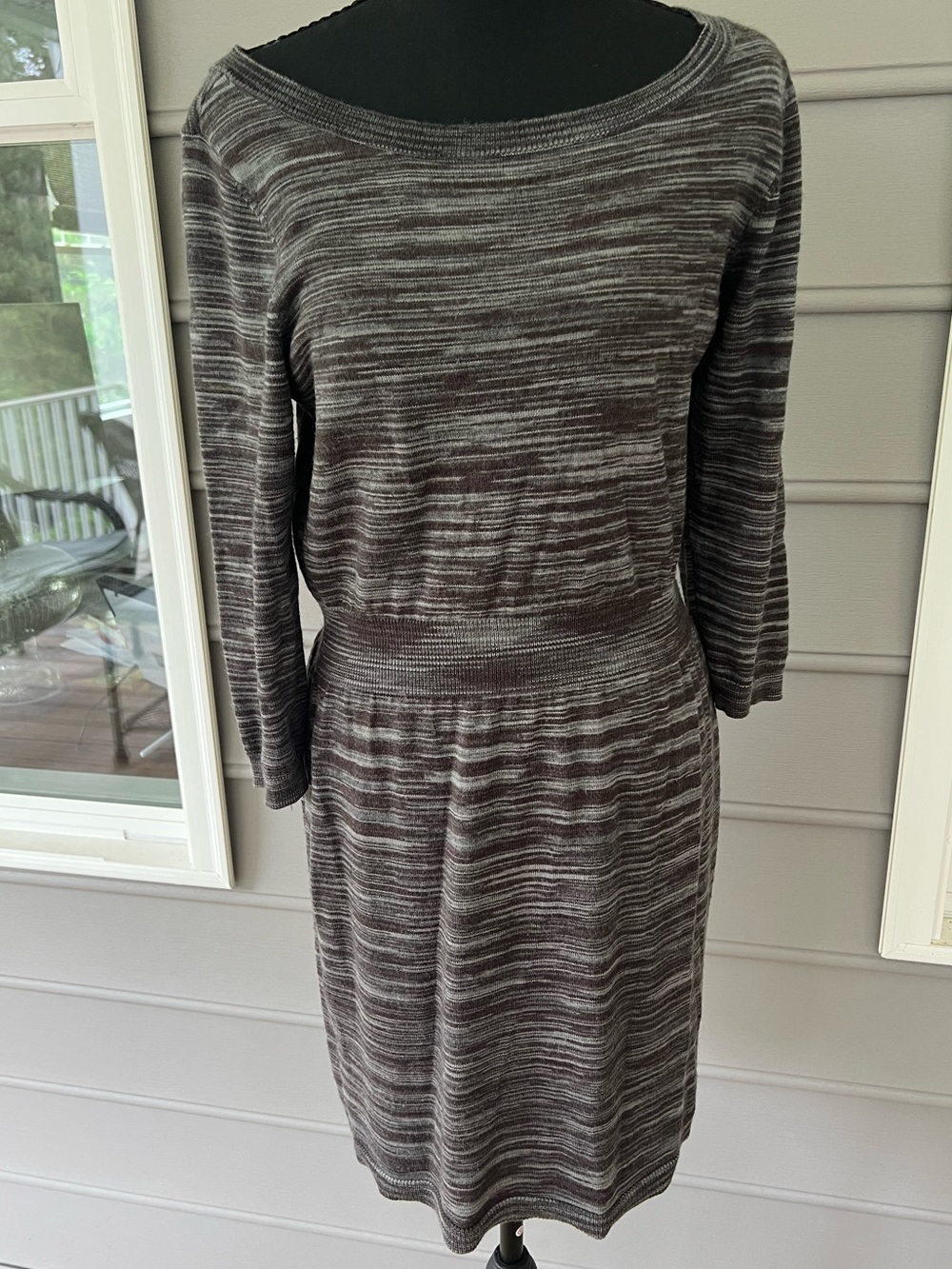 LOFT Gray Black Space Dye Knit Sheath Dress Long Sleeve Elastic Waist Size Large
